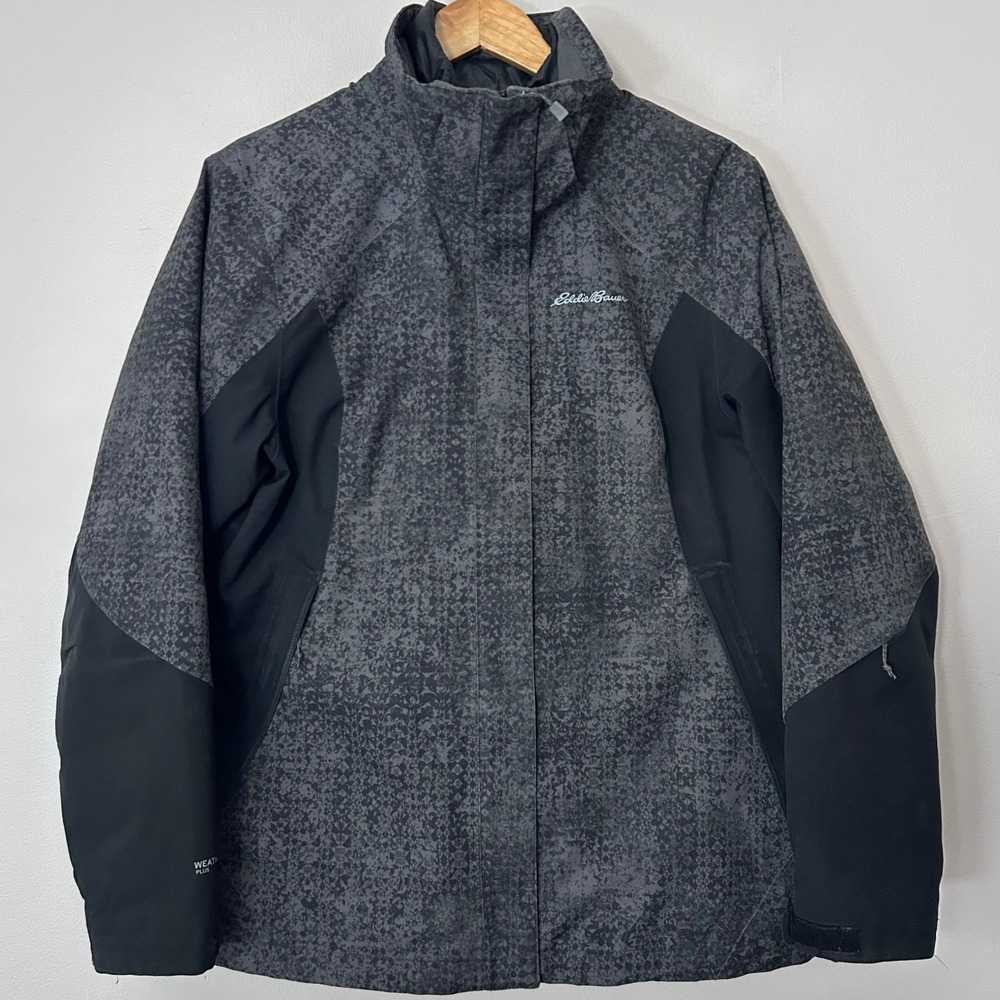 Eddie Bauer WeatherEdge Plus Down Puffer Jacket Womens XL Gray Geometric Print